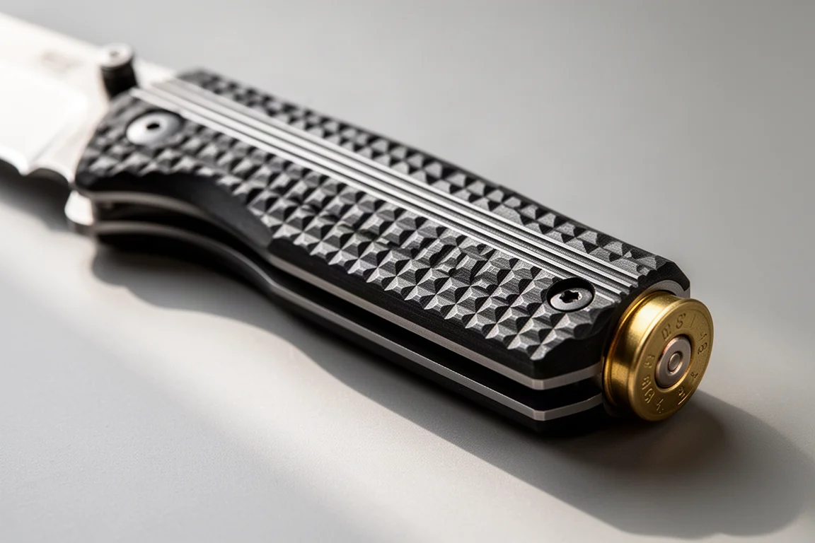 Primo piano di un manico di coltello con texture a cubi fresati in 3D che cattura la luce soffusa