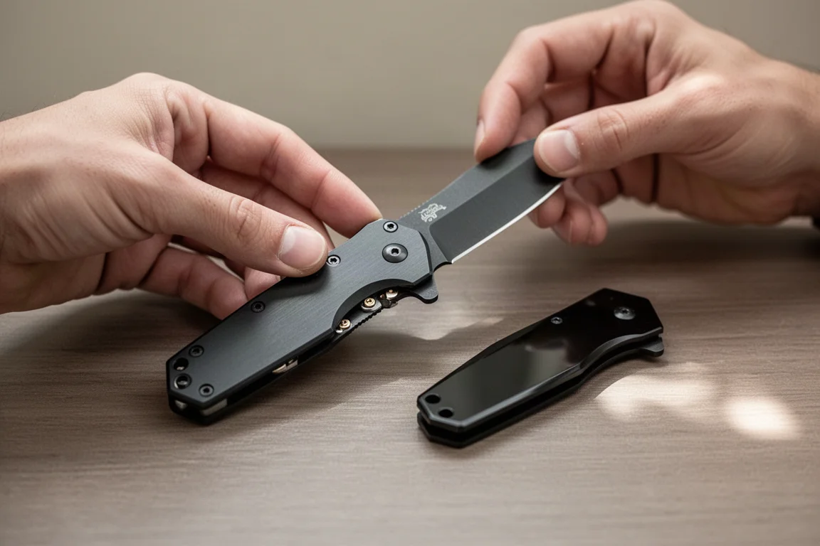 Mani che sostituiscono le piastre magnetiche di un coltello chiudibile su una scrivania di legno