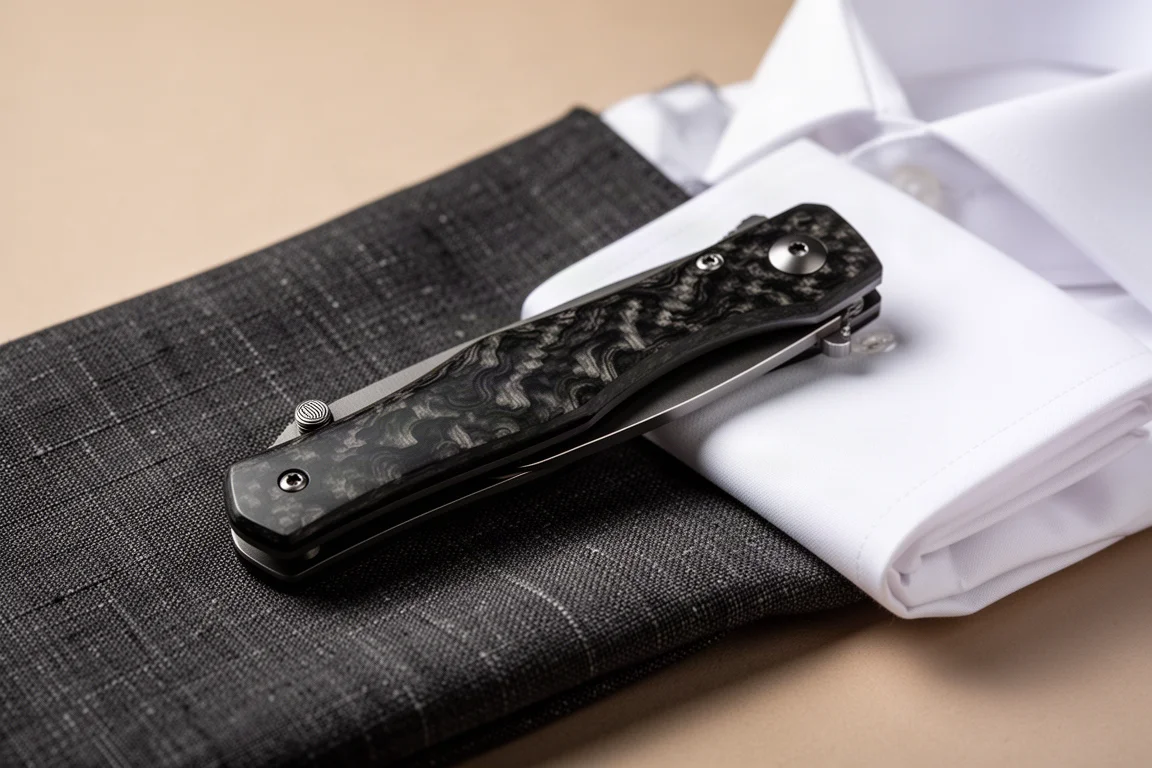 Coltello liner lock in fibra di carbonio marmorizzato con perno pollice singolo su tessuto scuro