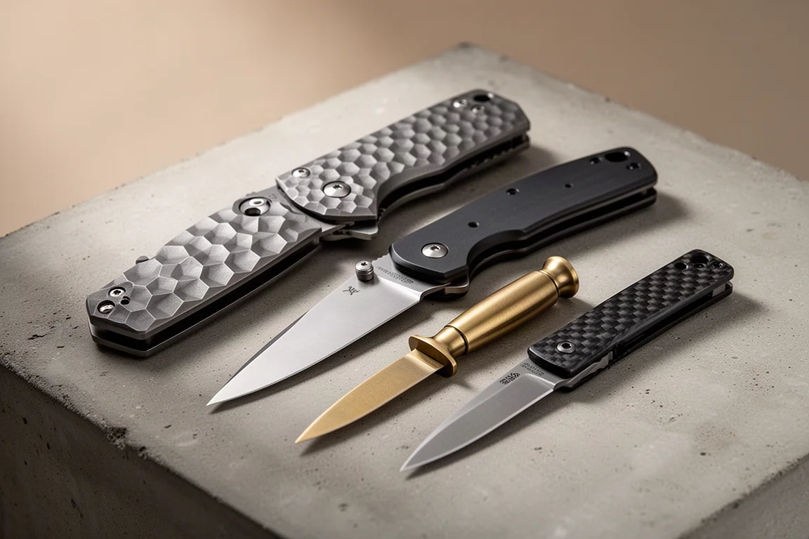 A curated spread of folding knives and fixed blades arranged on a matte concrete surface