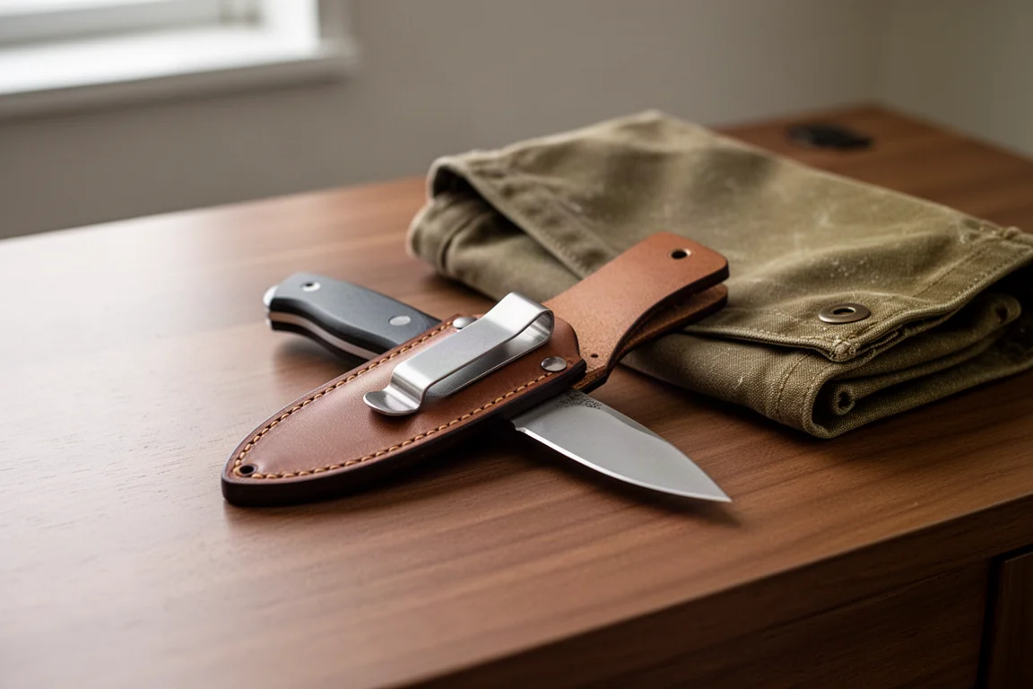 Une petite lame fixe avec étui en cuir et clip disposés sur un bureau en bois