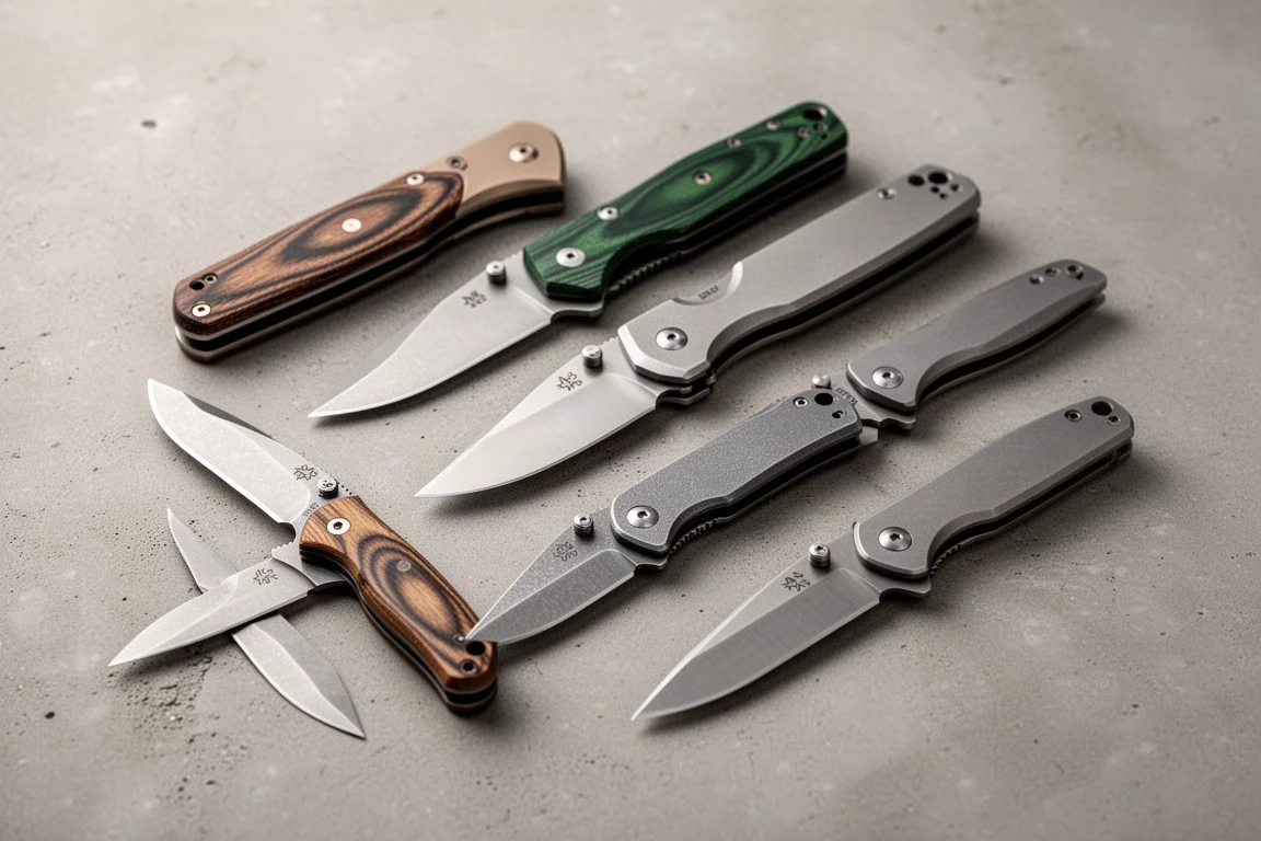 Eight folding knives and fixed blades arranged on a concrete surface