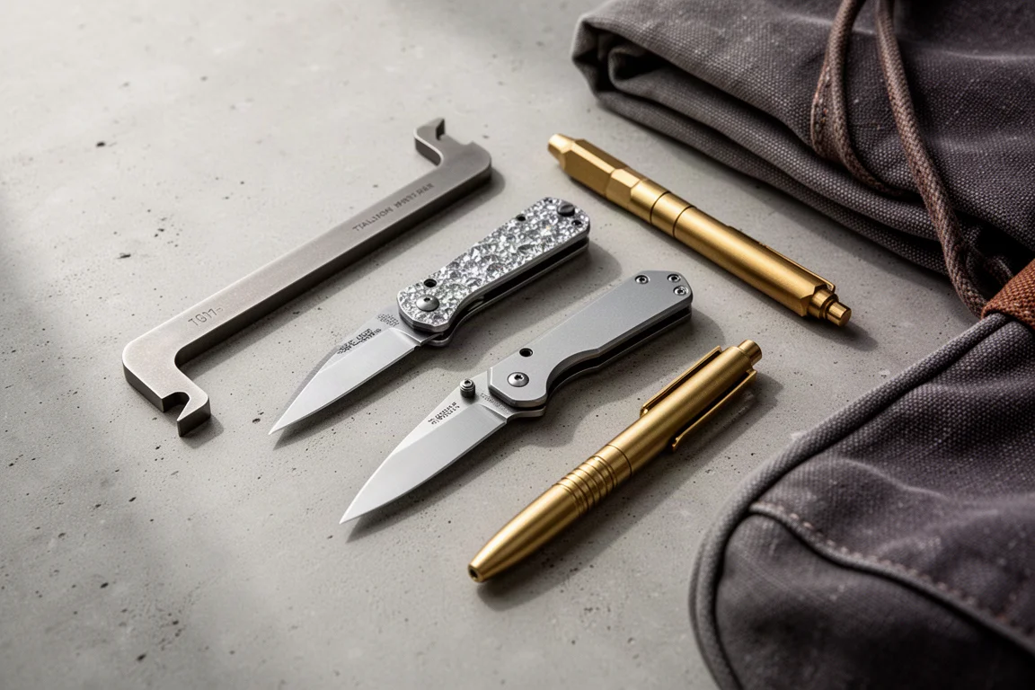 Flat lay of EDC gear including pry bar, utility knife, folding knife, brass pen and duffel bag