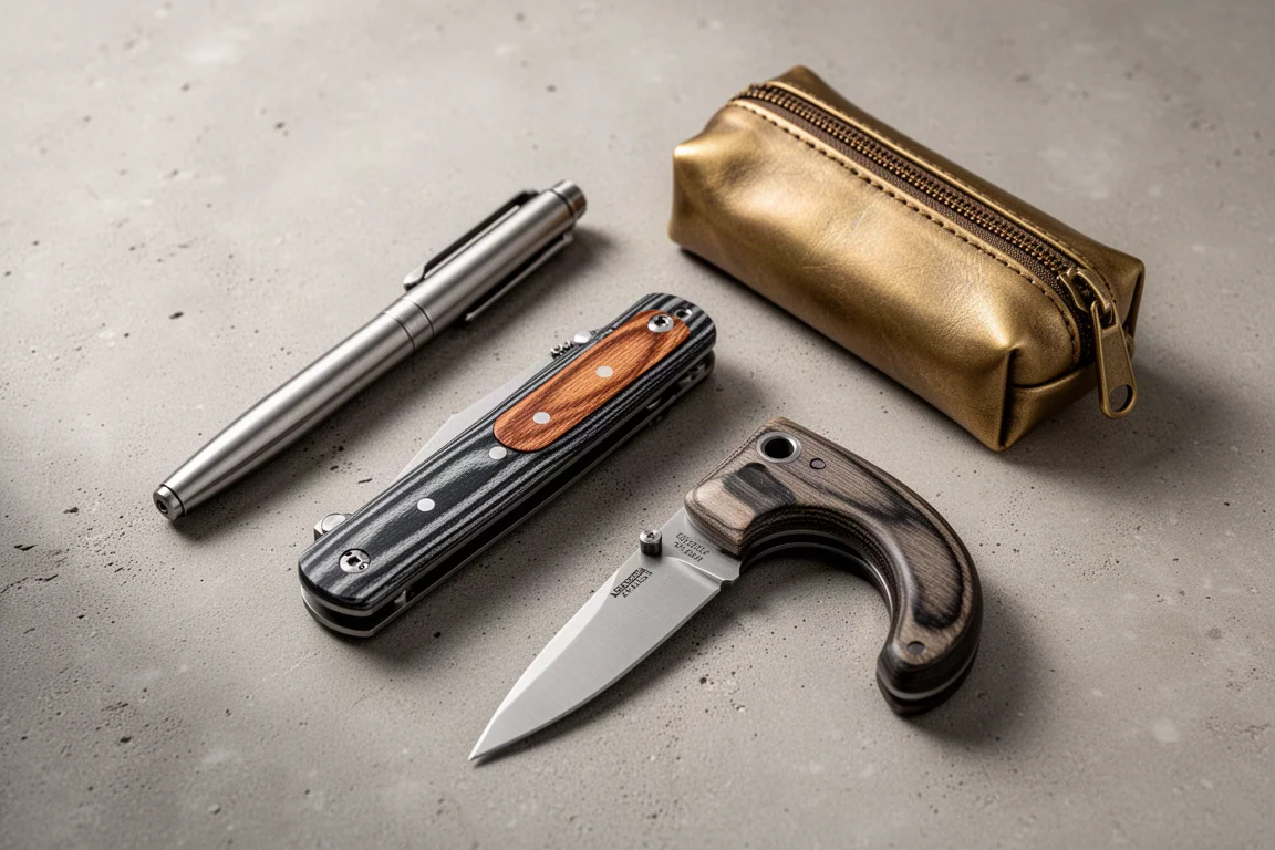 Flat-lay of titanium pen, folding knife, fixed blade, and pouch on concrete