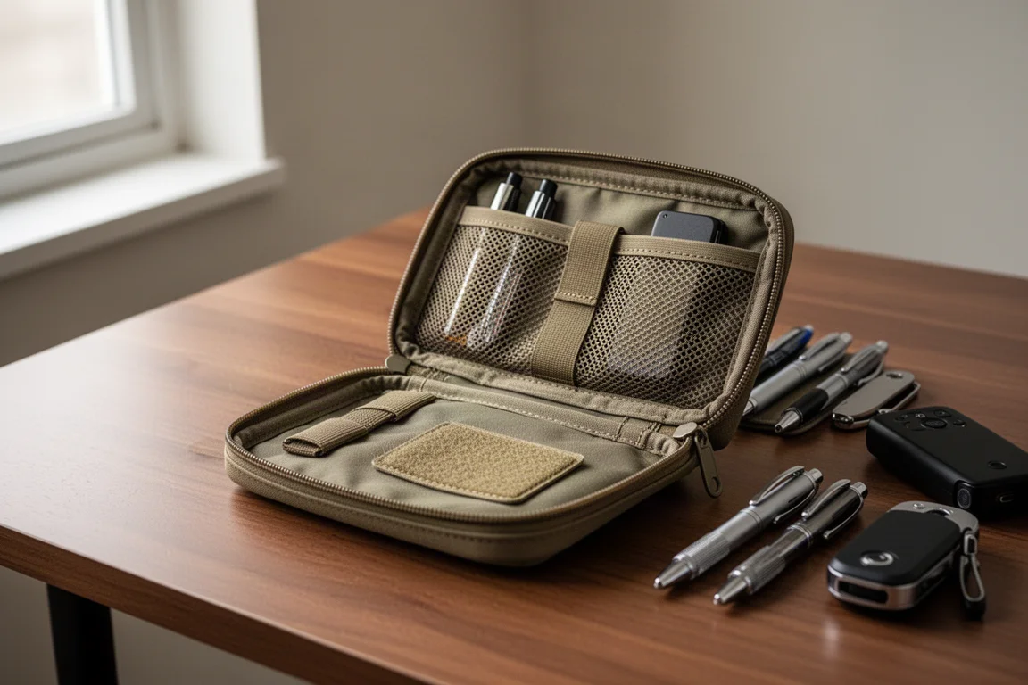 Um pequeno coldre EDC com zíper, bolsos de tela e de velcro abertos sobre uma mesa