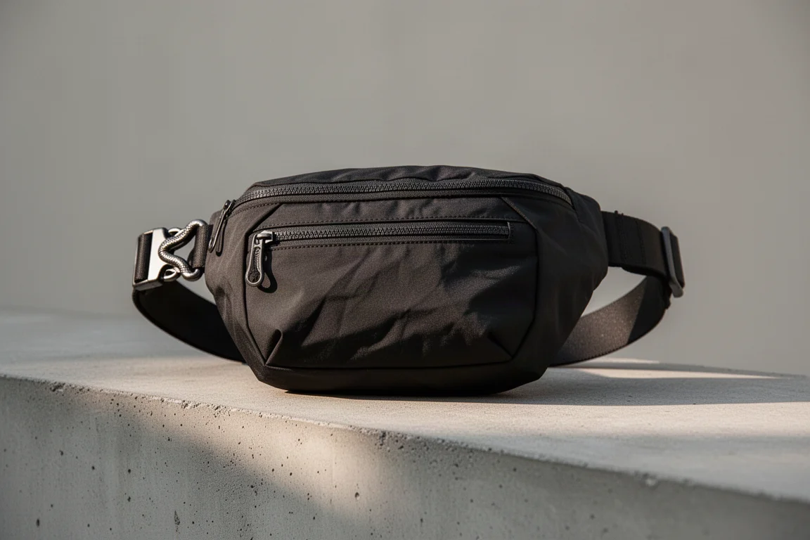 Uma bolsa de cinto compacta com fivela cobra reforçada apoiada em uma borda de concreto