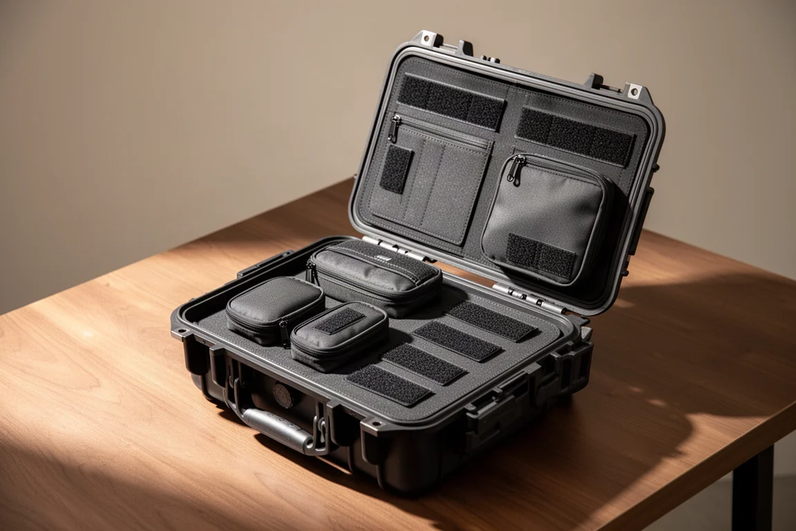 Modularna organizerska torba na rzep typu hook-and-loop otwarta na stole