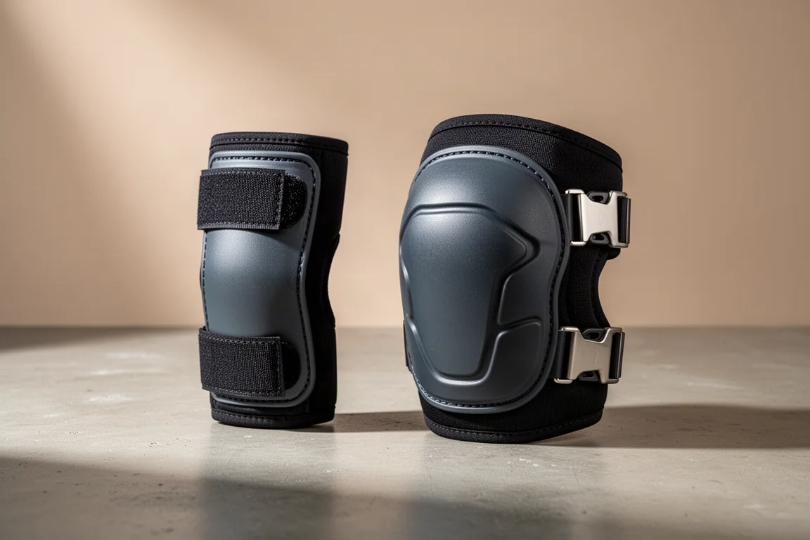Two Blakpad climbing knee pads with hook-and-loop strap and metal buckles on concrete