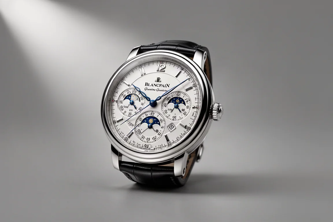 Flachliegende Anordnung von zwölf luxuriösen Dresswatches mit Gehäusen aus weißem Metall auf einer Betonoberfläche