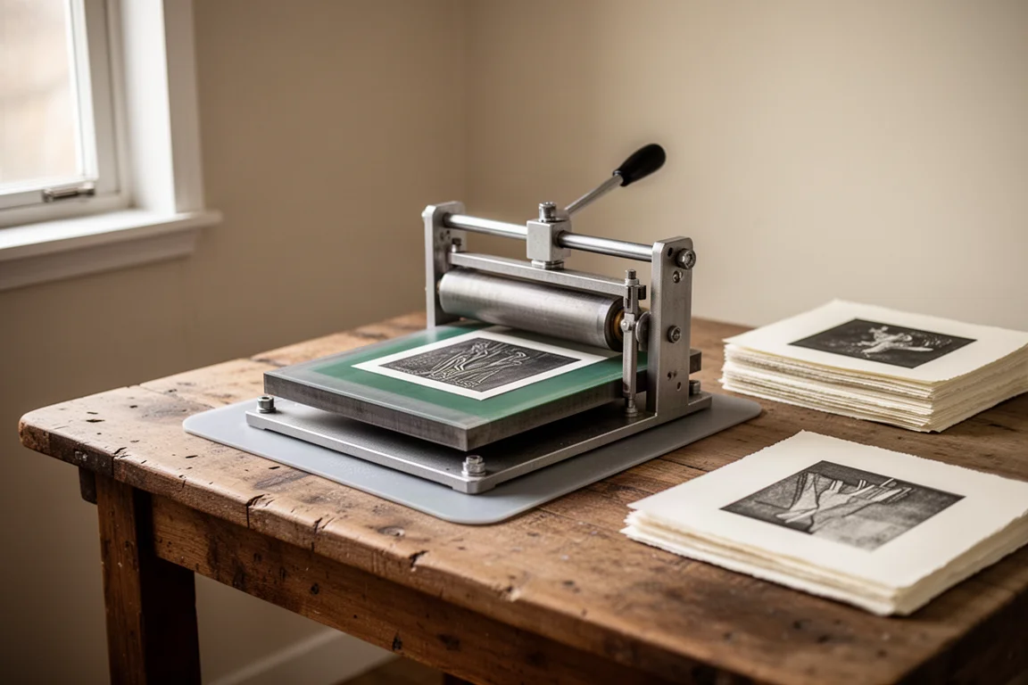 Kompakte Tiefdruckpresse auf einem beschwerten Ateliertisch mit Druckpapier daneben