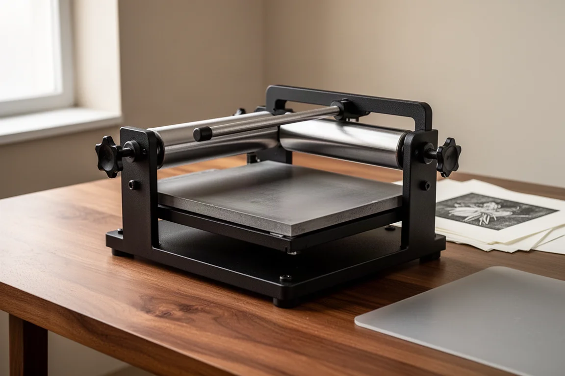 Kompakte Tisch-Tiefdruckpresse auf einem hölzernen Ateliertisch mit Papier daneben