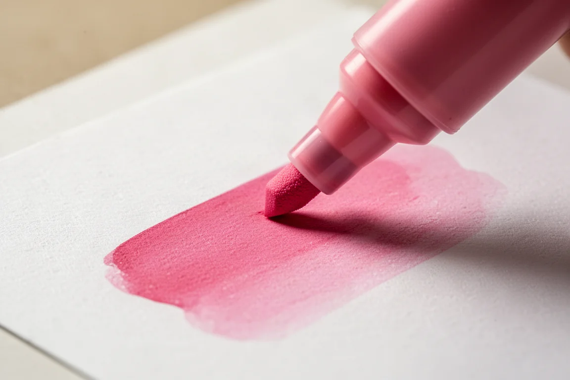 Primo piano di una punta a scalpello di un pennarello che fonde il colore con fluidità su carta ruvida