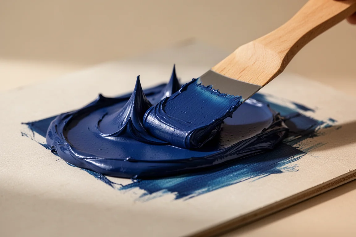 Colore acrilico denso mescolato con una spatola su una tavolozza di legno