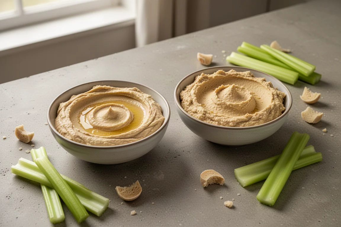 Creamy hummus in two bowls with celery sticks and dippers on a counter