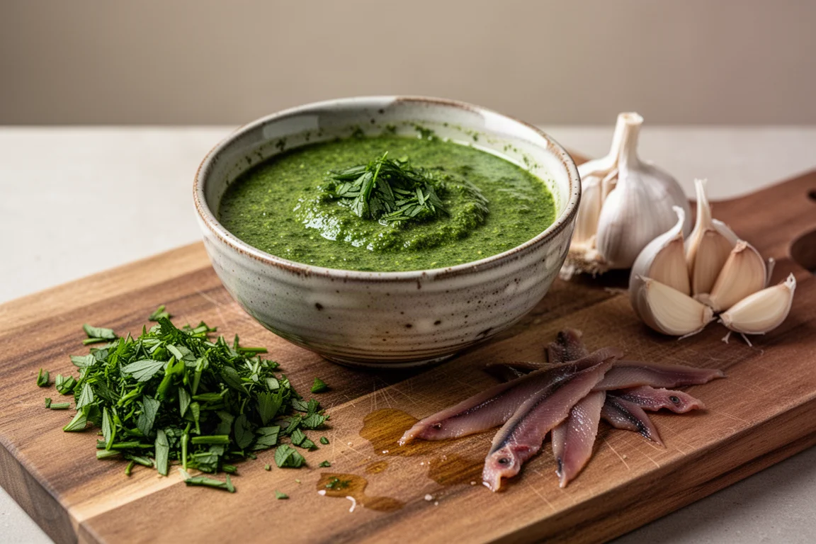 Fresh salsa verde with herbs in a small bowl next to a mini chopper