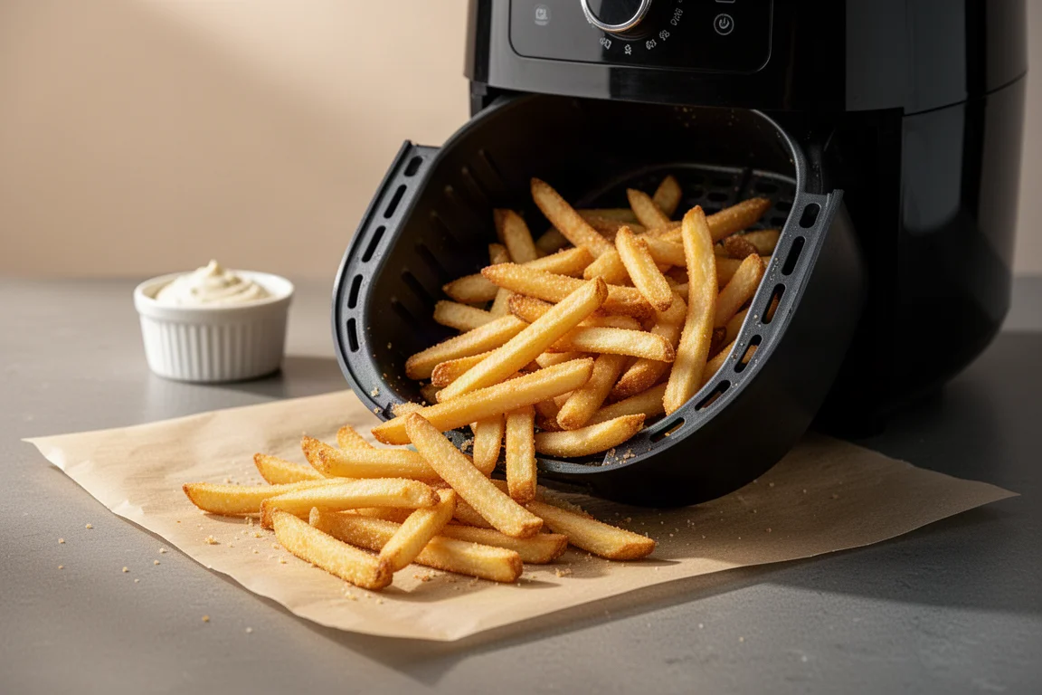 Golden crispy fries in an air fryer basket lined on parchment paper