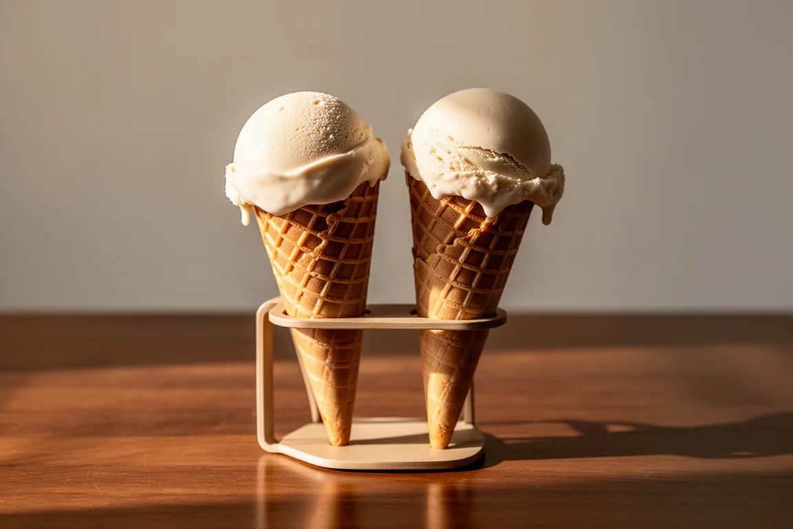 Two ice cream cones melting slowly in warm daylight on a wooden table