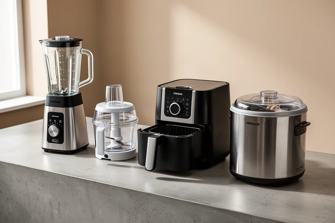 Four kitchen appliances including a blender, mini chopper, air fryer, and ice cream maker on a counter