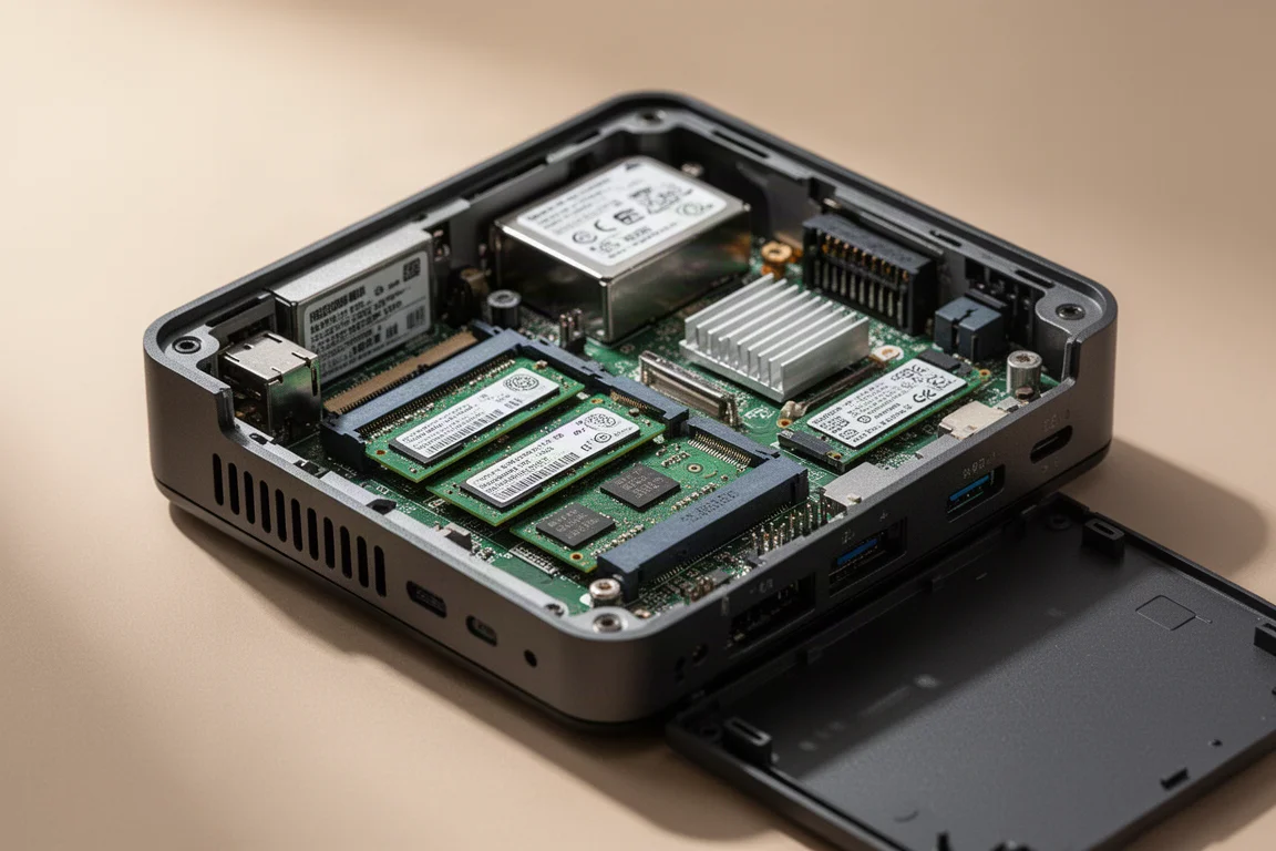 開啟的迷你電腦機殼，顯示內部 SODIMM RAM 插槽與 M.2 SSD 插槽