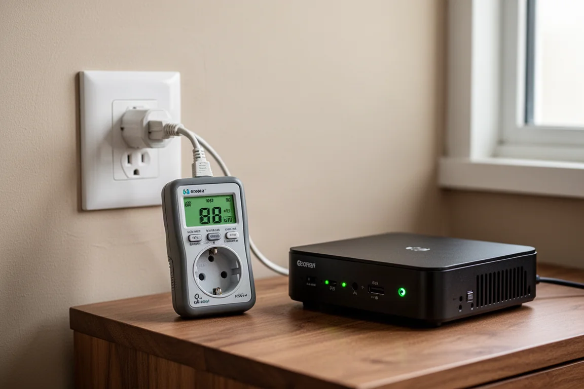 電源計量器插入牆上插座，測量迷你電腦的耗電量