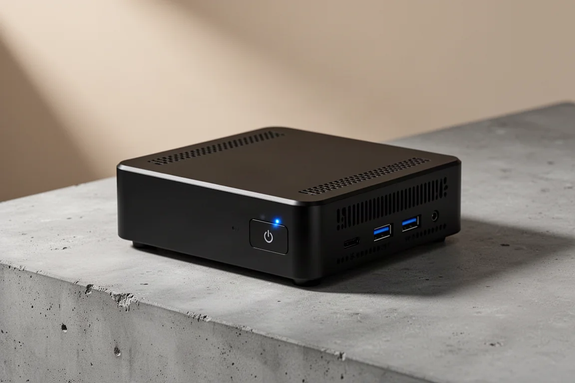 Mini PC BLink EQI sobre superfície de concreto fosco em ângulo de três quartos