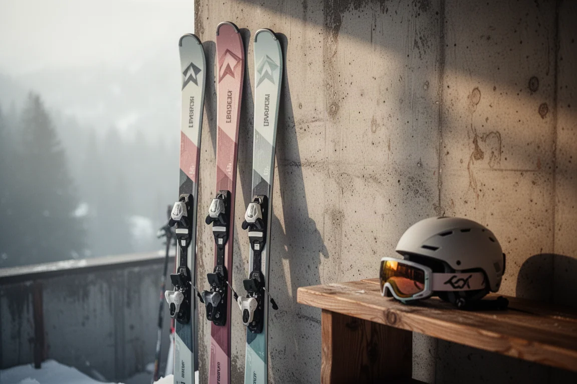 Twee paar all-mountain ski's voor vrouwen leunend tegen een betonnen muur