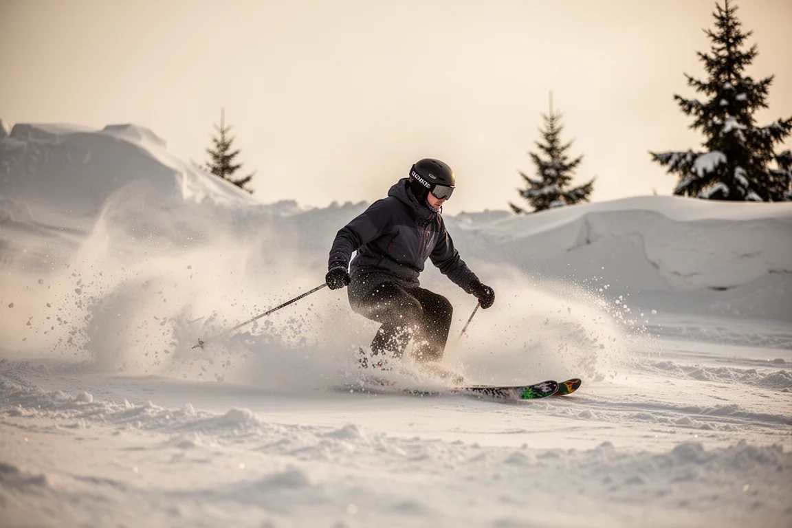 Skiër carvent door zachte lentesneeuw met slushachtig spatuur