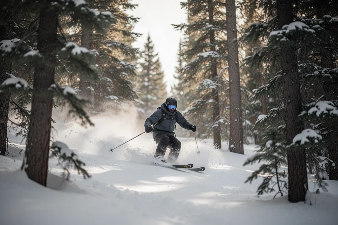 Skiër navigeert door een berkenbos-run met verse poedersneeuw