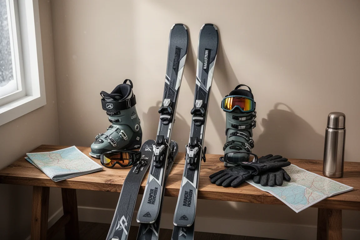 Ski-uitrusting netjes op een houten bank in zacht daglicht