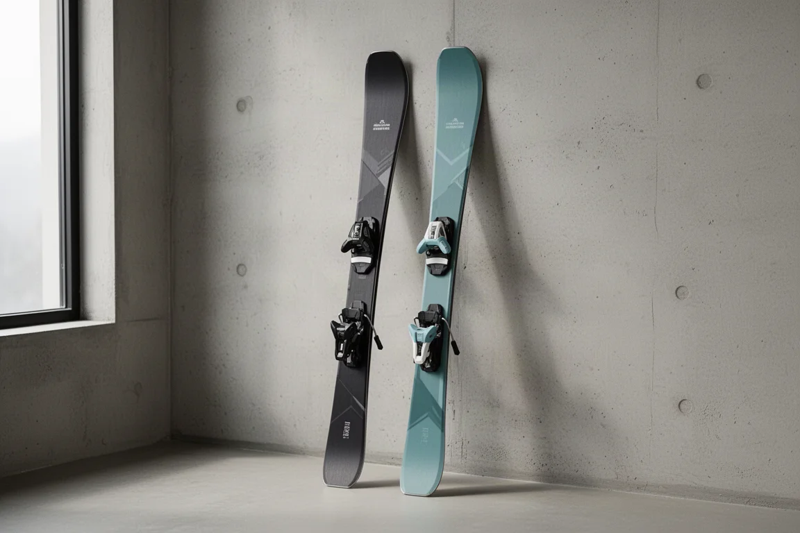 Two pairs of women's all-mountain skis leaning against a concrete wall