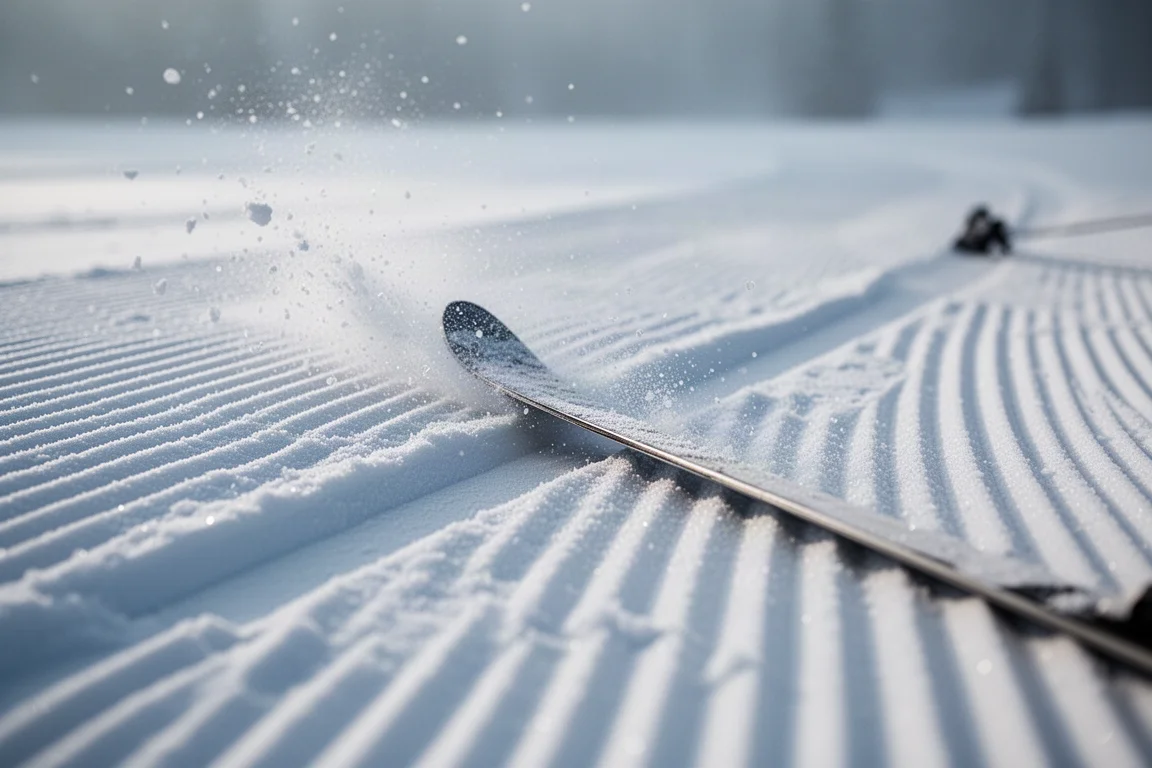 Close-up of a carving ski edge cutting through groomed corduroy snow