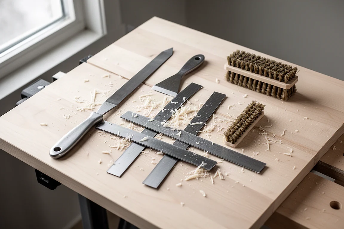 Overhead flat-lay of ski tuning tools and edge material on a pale wood bench