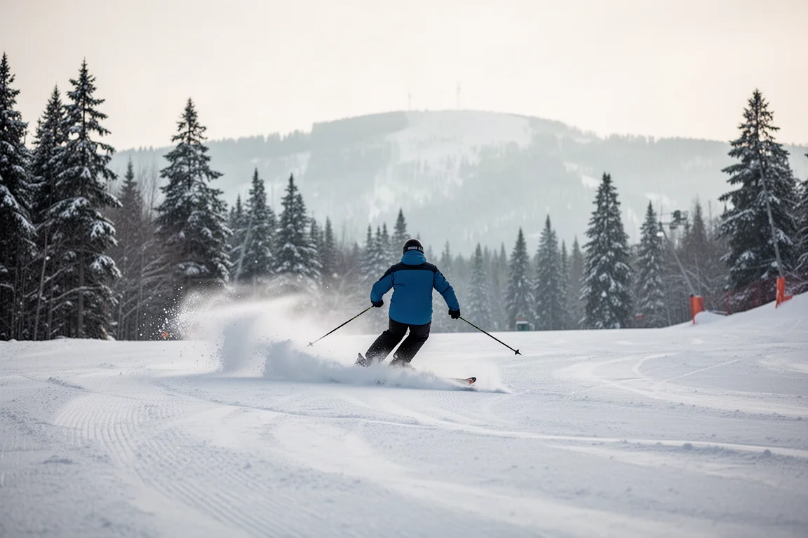 Skier carving a turn on a wide groomed run with fir trees behind