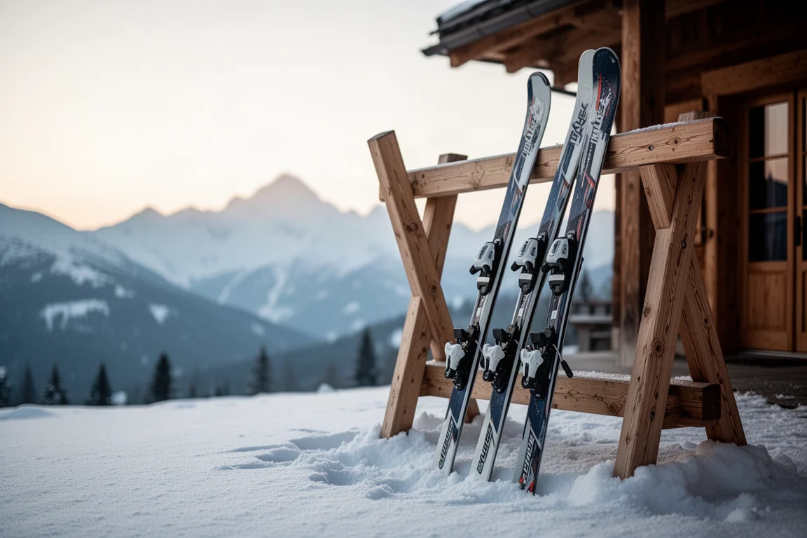 Two pairs of alpine skis leaning on a wooden rack outside a lodge at dawn