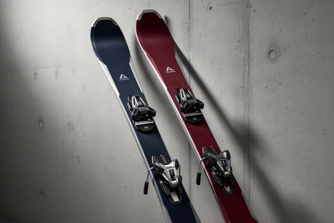Two alpine carving skis with bindings leaning against a concrete wall in studio light