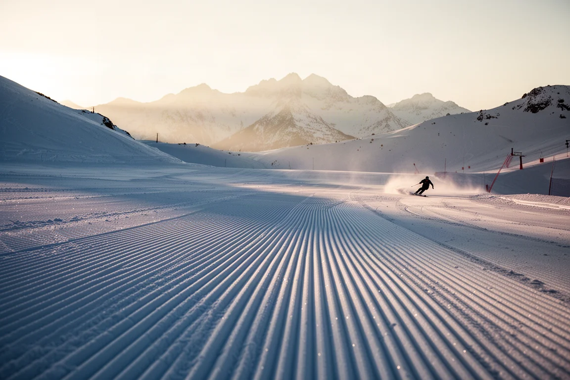 Freshly groomed corduroy piste at sunrise with a single skier carving arcs in the distance
