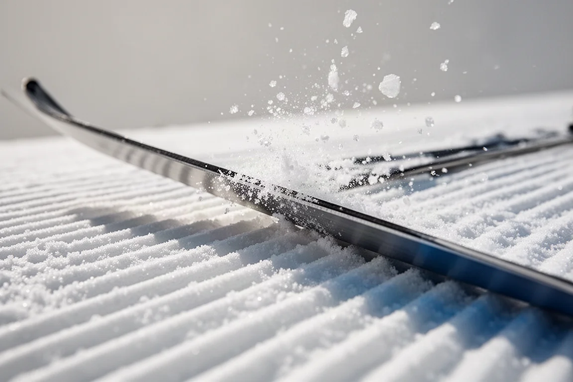 Close-up of a ski edge biting into firm groomed snow with a spray of ice crystals