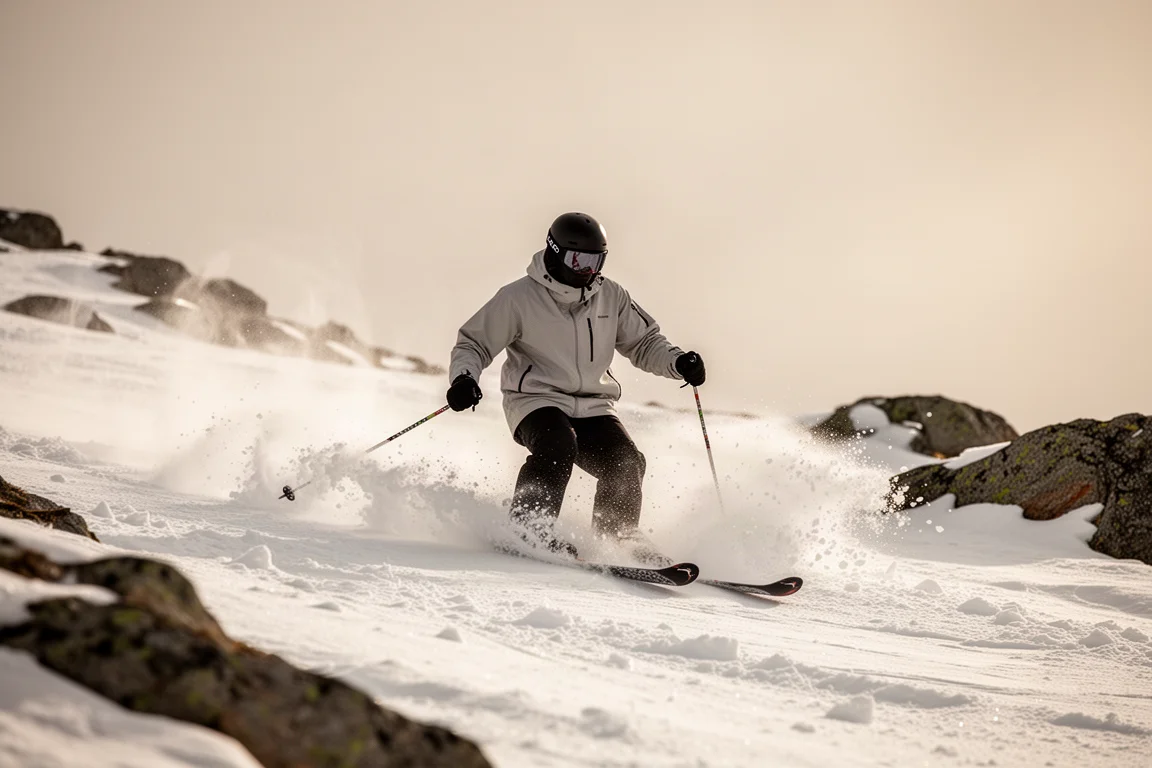Skier navigating soft chopped-up spring snow on a sunlit slope