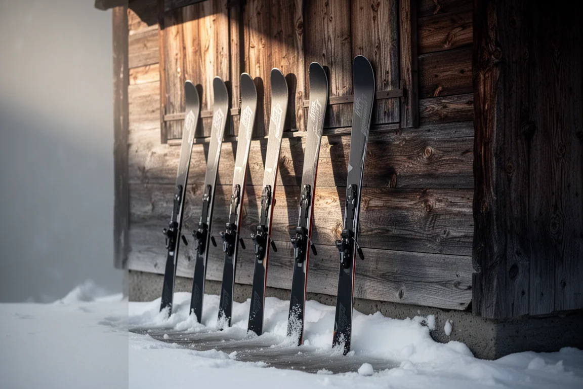 Narrow carving skis lined up against a wooden ski lodge wall in morning light