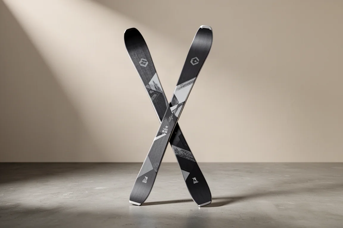 Pair of narrow dark carving skis standing crossed on a matte concrete surface