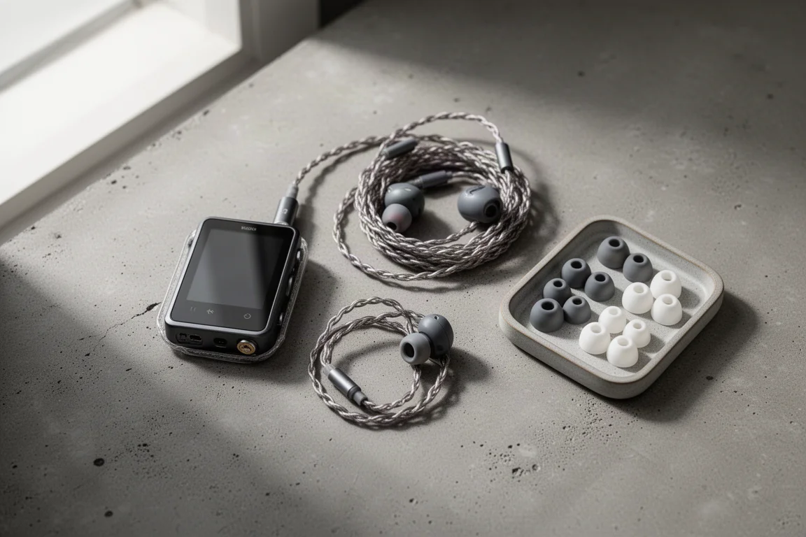 Vista dall'alto di un lettore audio portatile, cavo intrecciato avvolto e gommini in silicone