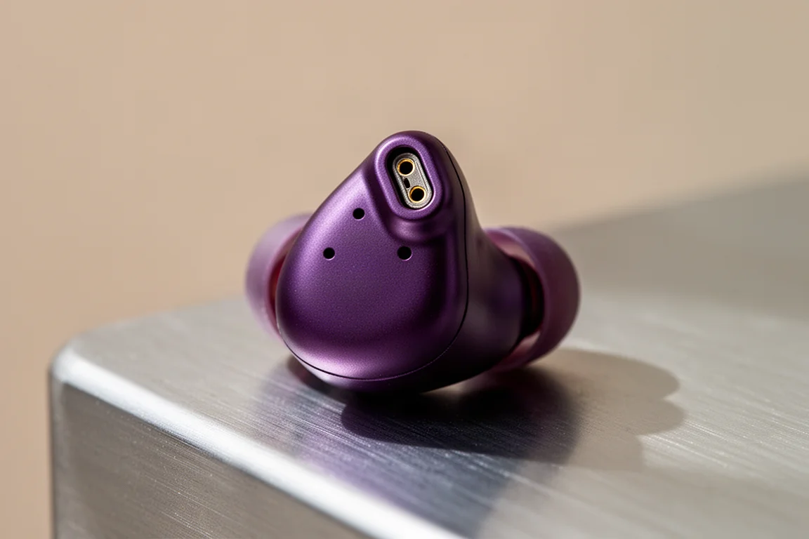 Dettaglio macro di una shell di IEM viola che mostra una piccola presa d'aria e un connettore a due pin