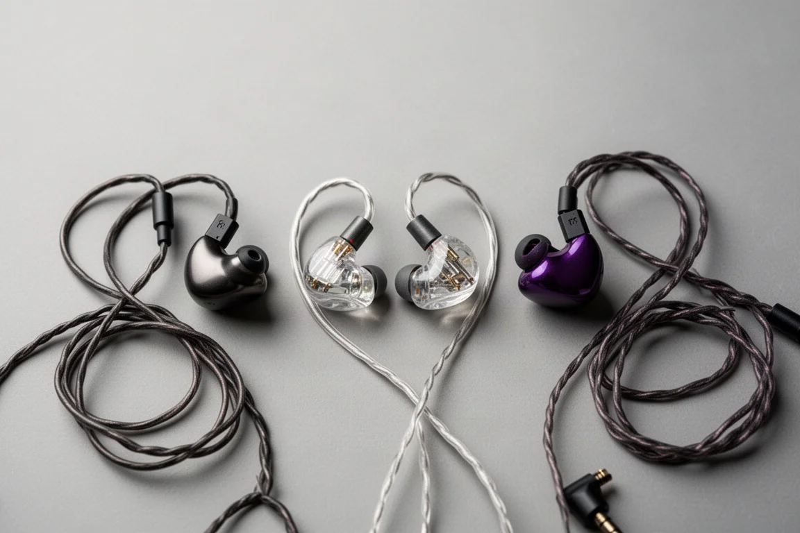Tre paia di IEM in finiture contrastanti disposte su una superficie grigia