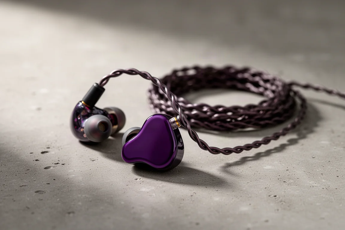 Single purple in-ear monitor with braided cable on a matte concrete surface