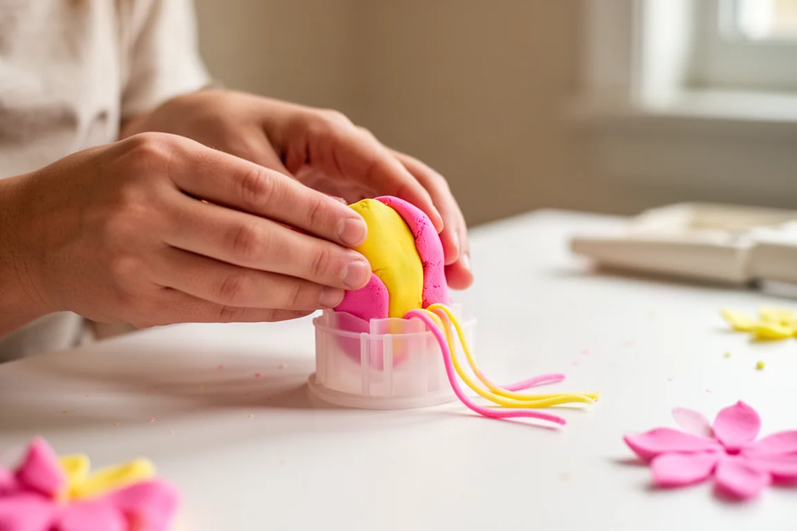 Hands pressing colorful modeling compound into a plastic flower press