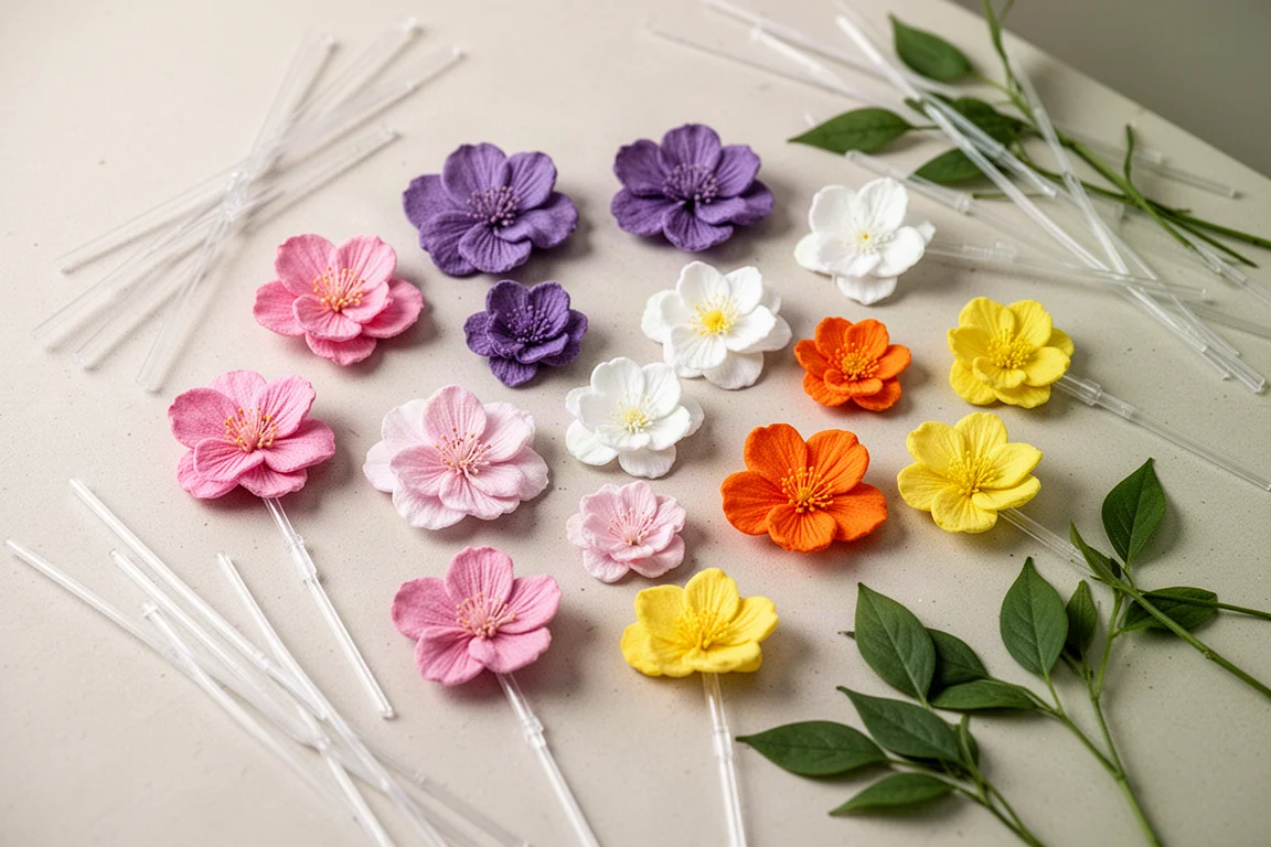 Freshly pressed flower shapes laid out on a craft table