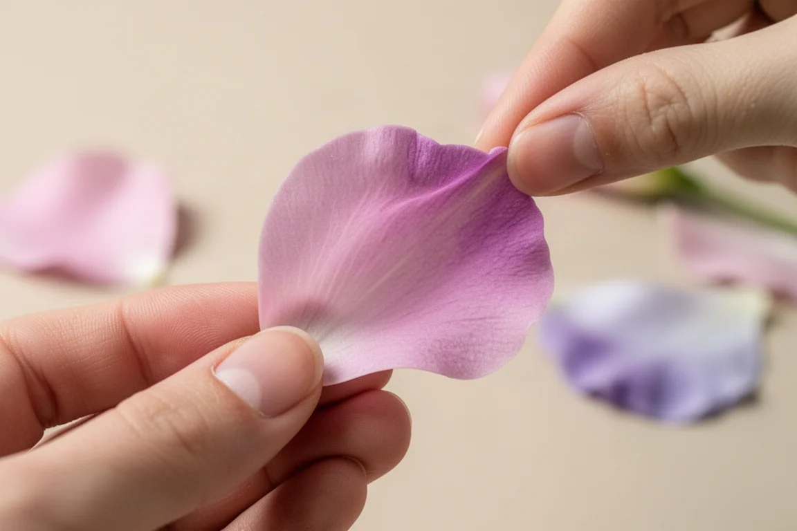 Hands gently bending a finished soft flower petal to show flexibility