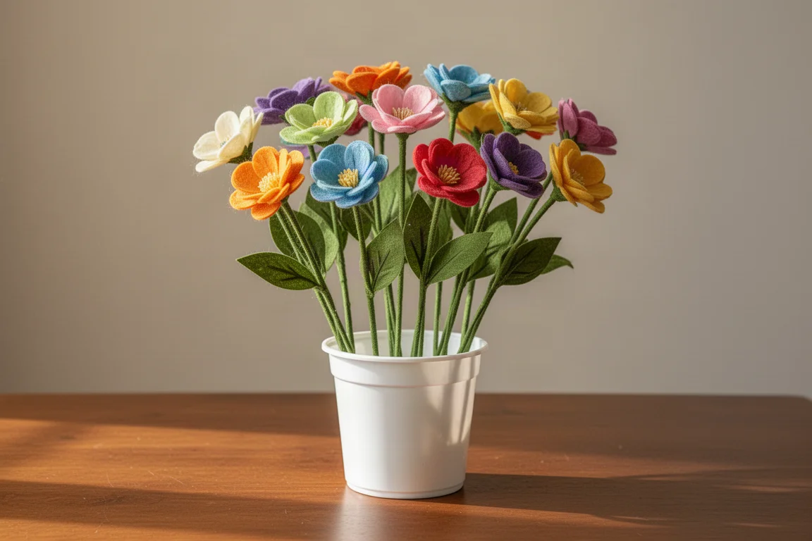 Finished colorful bouquet arranged in a white vase on a table