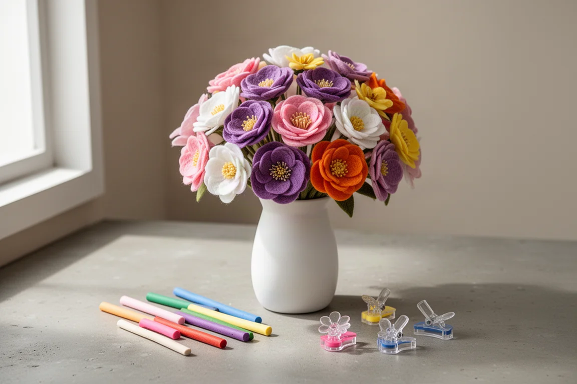 Finished handmade Play-Doh style flower bouquet in a white vase with colorful compound sticks beside it