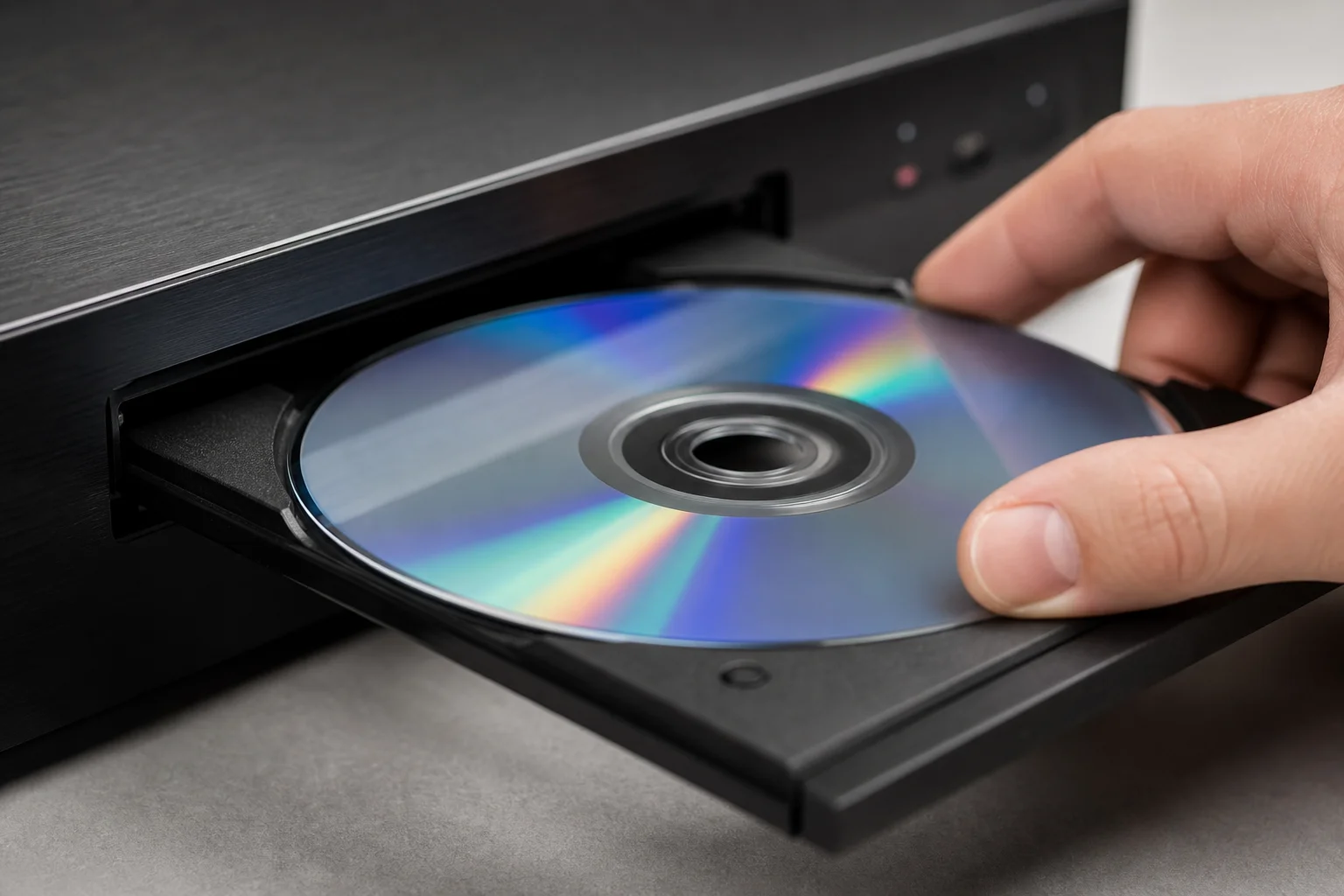 Nahaufnahme einer Blu-ray-Disc, die in den Mechanismus eines Players eingelegt wird